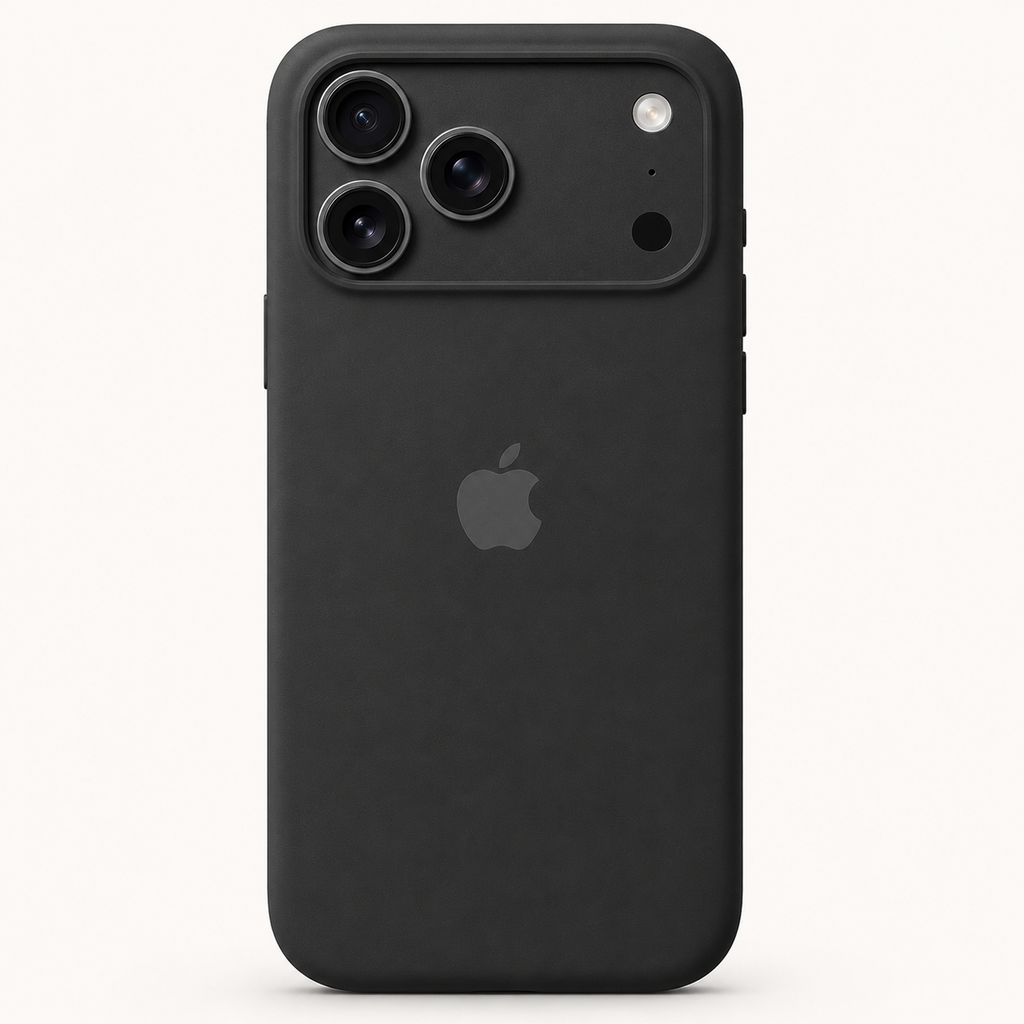 A matte black protective phone case with a raised camera cutout, shown on the back of an iPhone against a clean off-white background.
