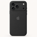 A matte black protective phone case with a raised camera cutout, shown on the back of an iPhone against a clean off-white background.