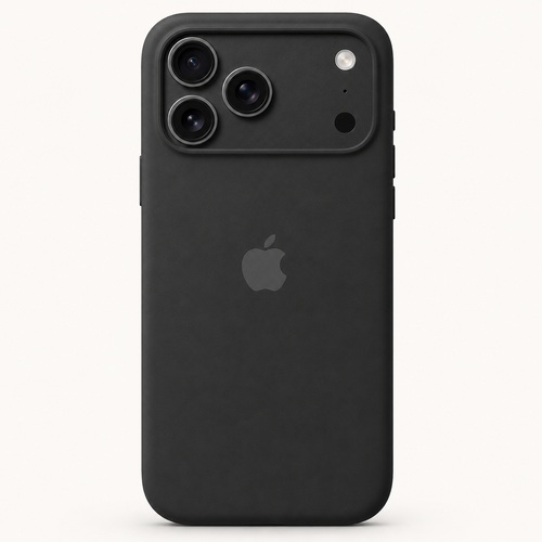 A matte black protective phone case with a raised camera cutout, shown on the back of an iPhone against a clean off-white background.